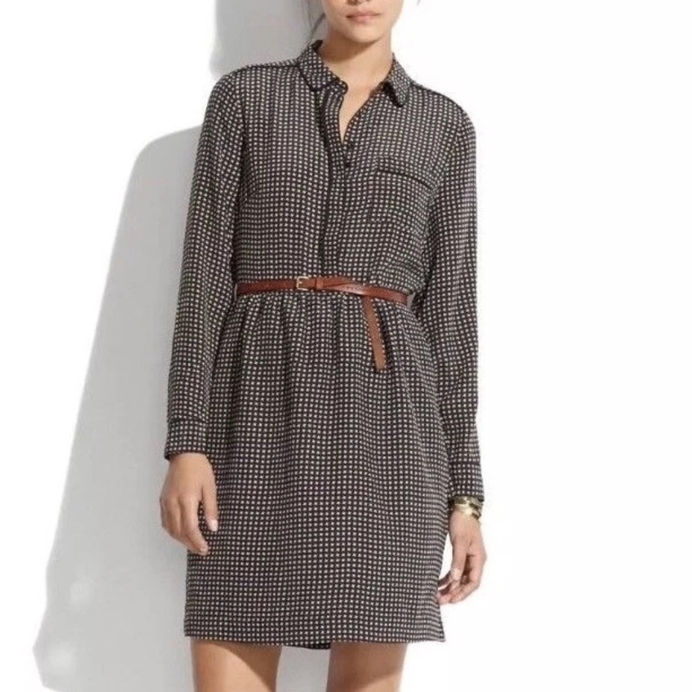 Madewell Silk Cinema Mini Houndstooth Print Long Sleeves Dress Black Tan Size 6